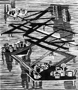 Χωριό πετρελαιοεργατών στη θάλασσα, 1964, ξυλογραφία, 48,5 x 41,5 εκ.