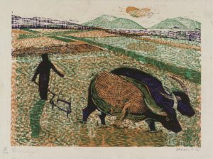 Όργωμα με βουβάλια, 1956-58, έγχρωμη ξυλογραφία, 17 x 22,5 εκ.	